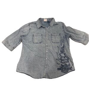 Women's Harley Davidson Blue Denim Jean Button Down Shirt Top Size Medium